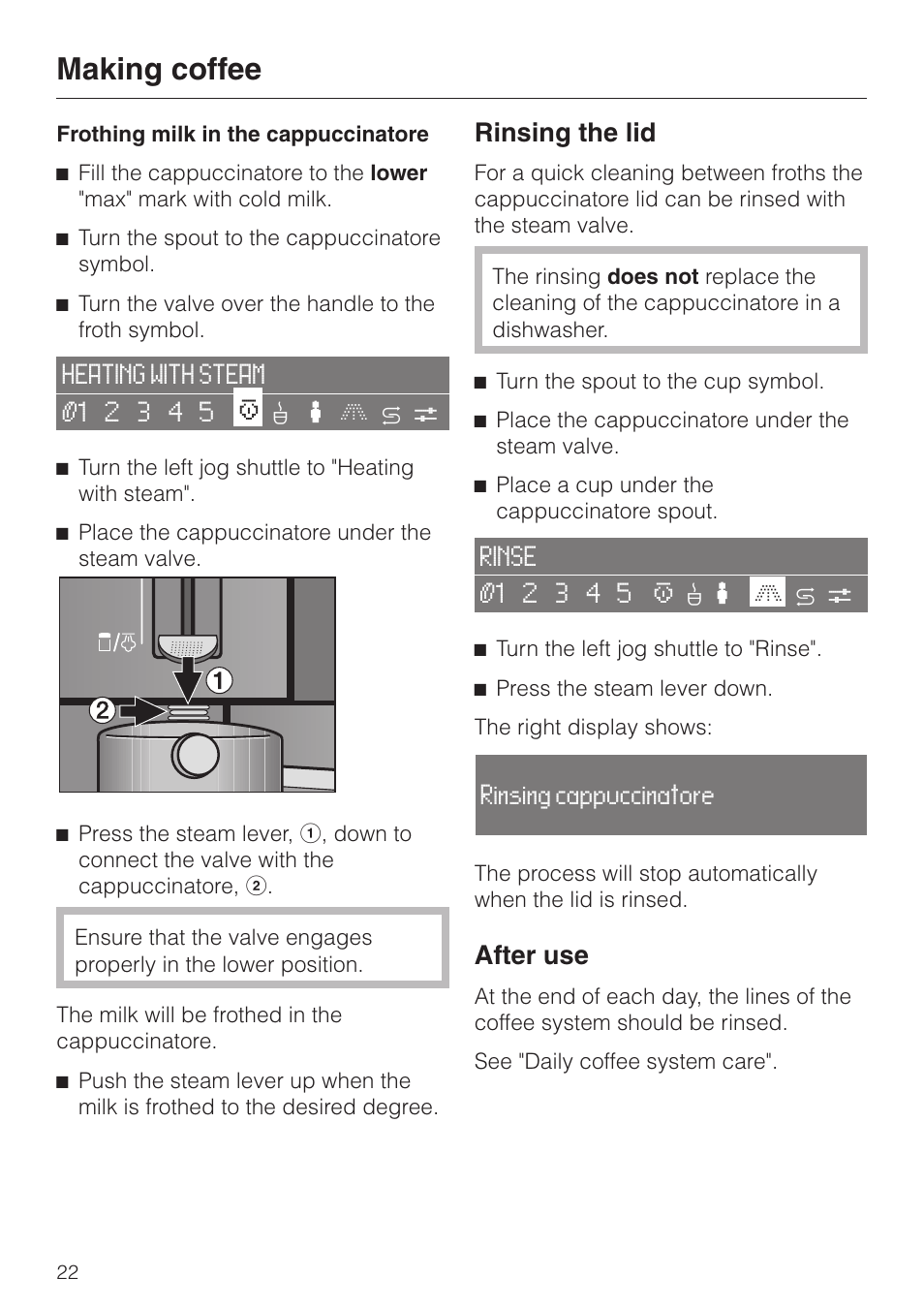 Making coffee, Rinsing the lid, After use | Miele CVA 2650 User Manual | Page 22 / 68