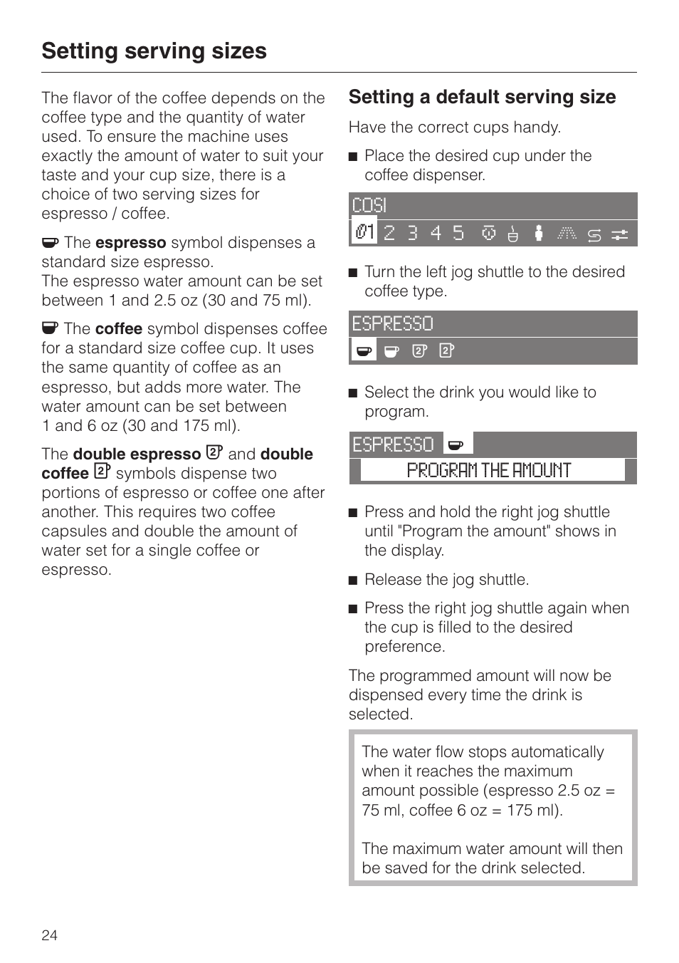 Setting serving sizes 24, Setting a default serving size 24, Setting serving sizes | Setting a default serving size | Miele CVA 2650 User Manual | Page 24 / 68