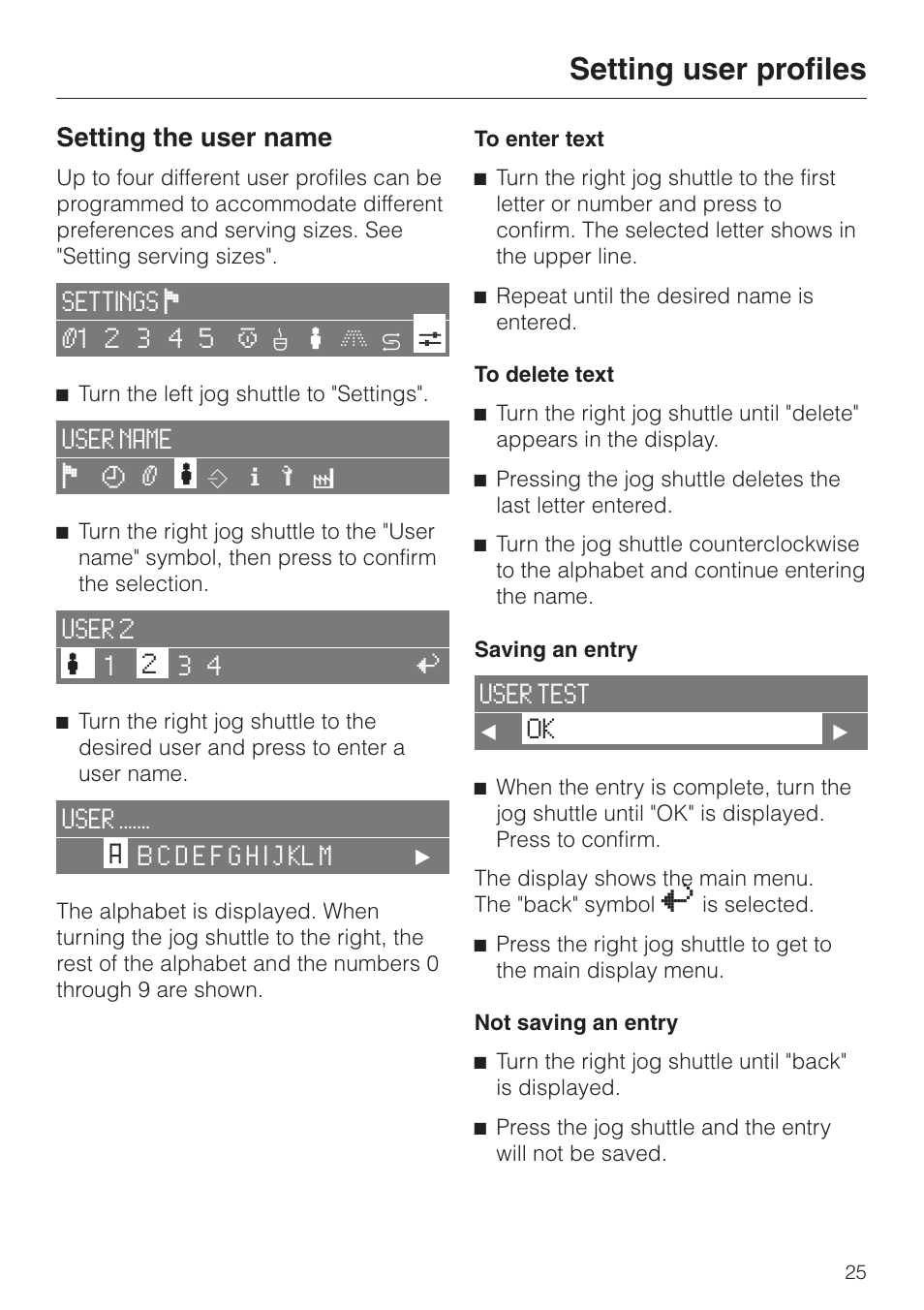Setting user profiles 25, Setting user profiles, Setting the user name | Miele CVA 2650 User Manual | Page 25 / 68