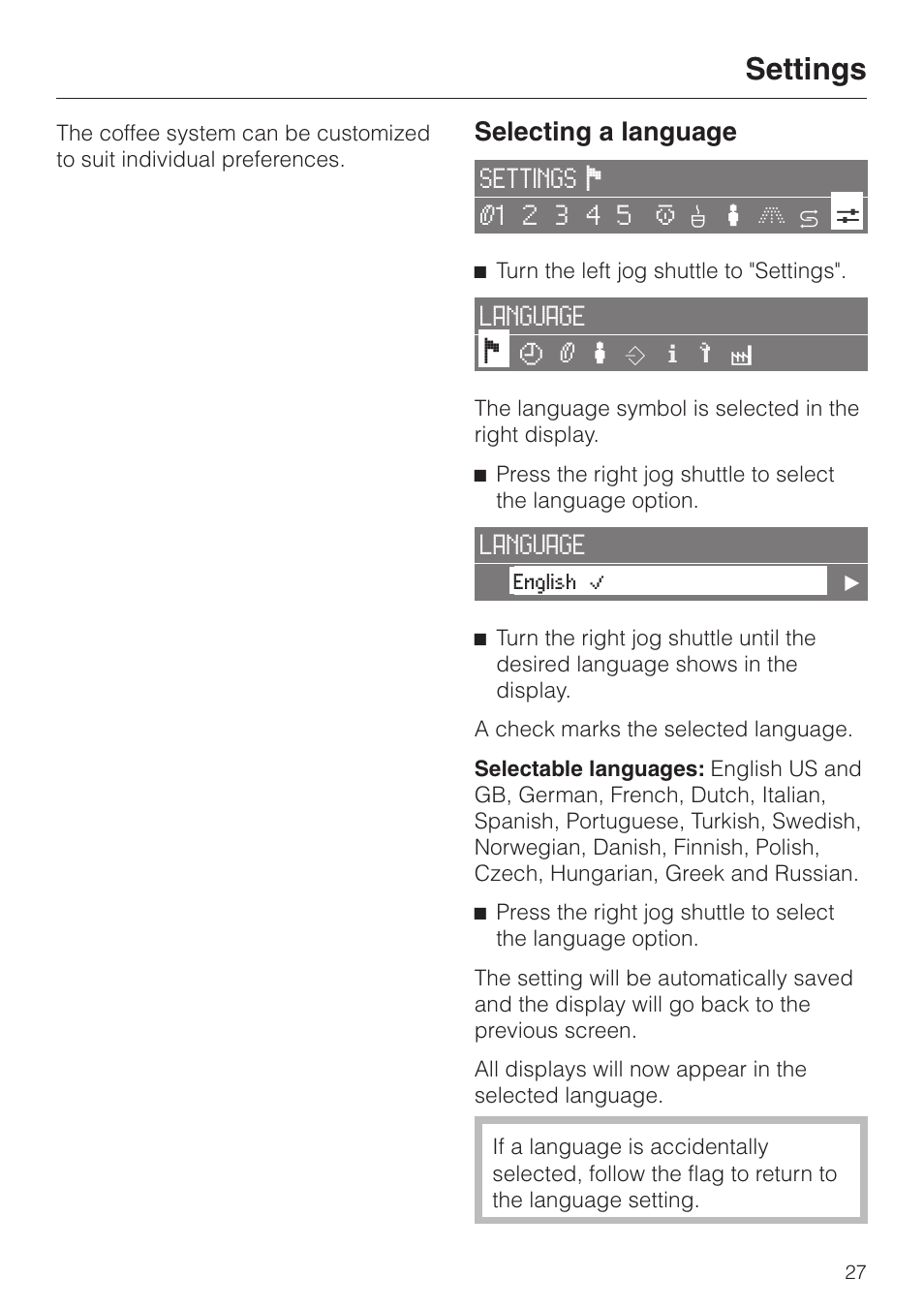 Settings 27, Selecting a language 27, Settings | Selecting a language | Miele CVA 2650 User Manual | Page 27 / 68