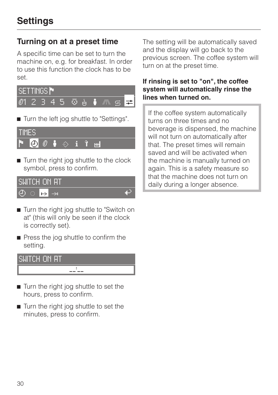 Turning on at a preset time 30, Settings, Turning on at a preset time | Miele CVA 2650 User Manual | Page 30 / 68