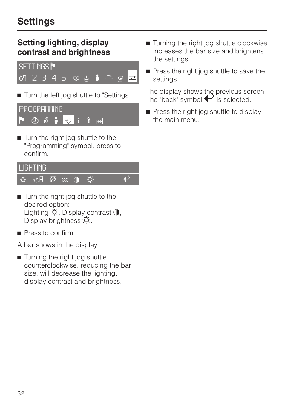 Settings, Setting lighting, display contrast and brightness | Miele CVA 2650 User Manual | Page 32 / 68