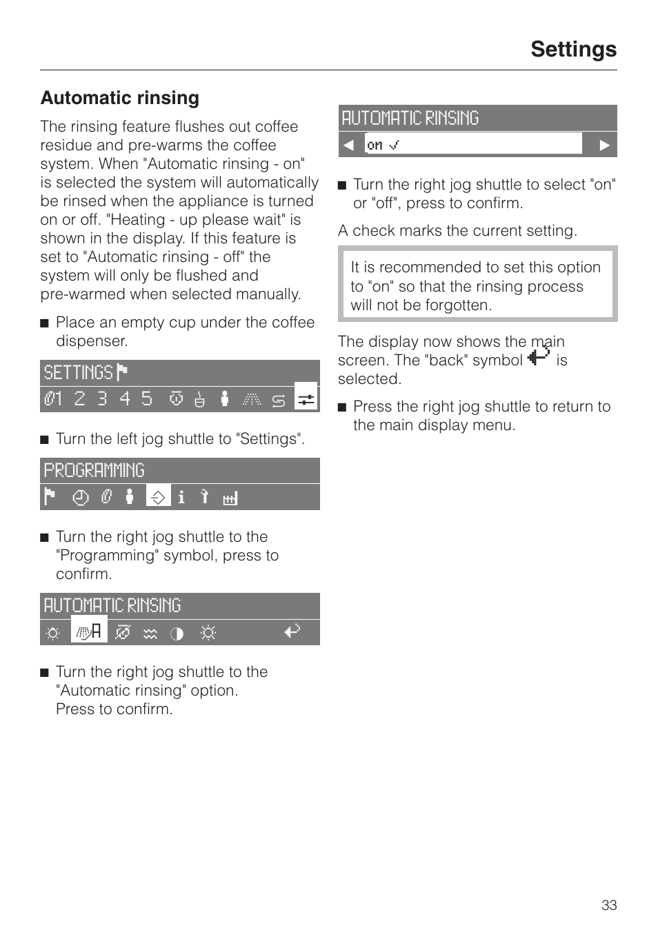 Automatic rinsing 33, Settings, Automatic rinsing | Miele CVA 2650 User Manual | Page 33 / 68