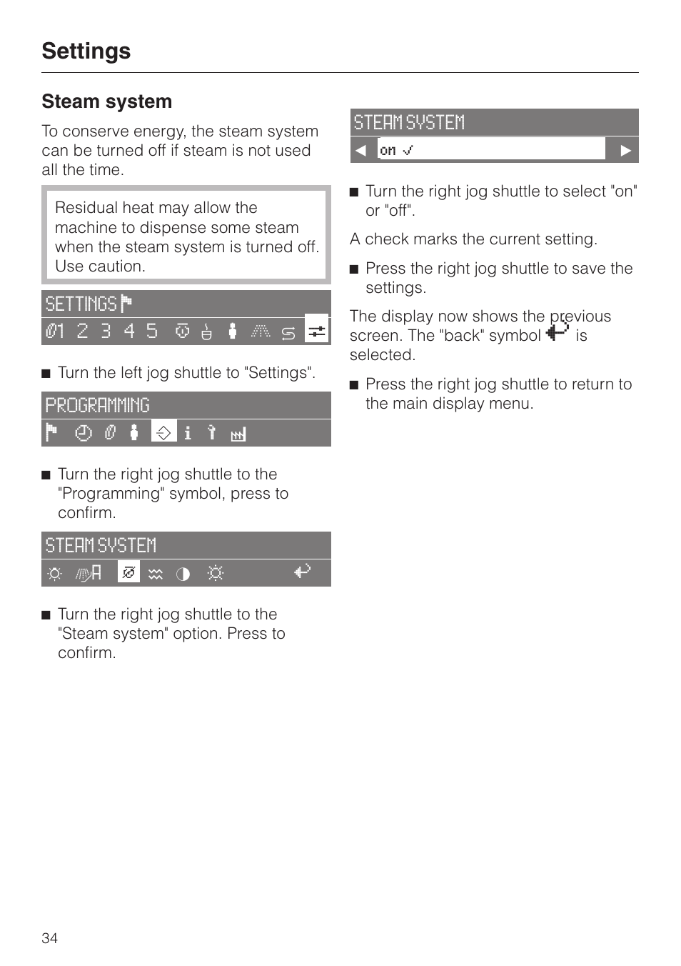 Settings, Steam system | Miele CVA 2650 User Manual | Page 34 / 68