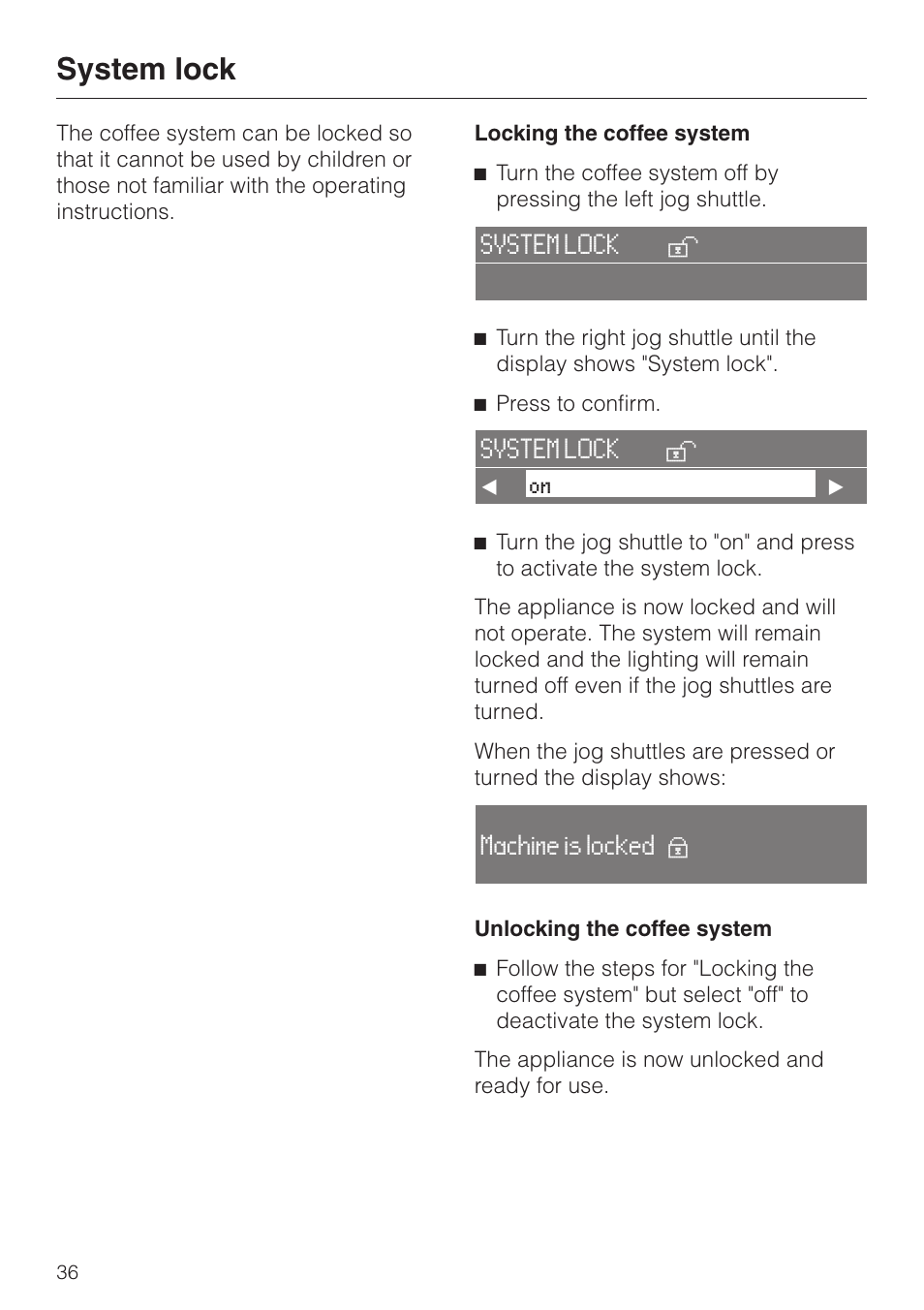 System lock 36, System lock | Miele CVA 2650 User Manual | Page 36 / 68