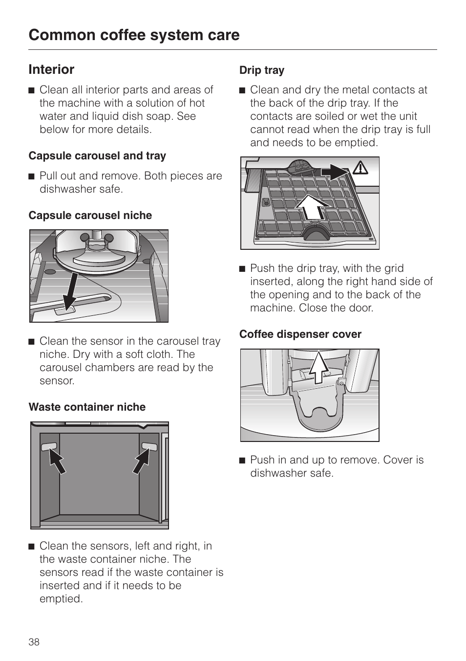 Common coffee system care 38, Common coffee system care, Interior | Miele CVA 2650 User Manual | Page 38 / 68