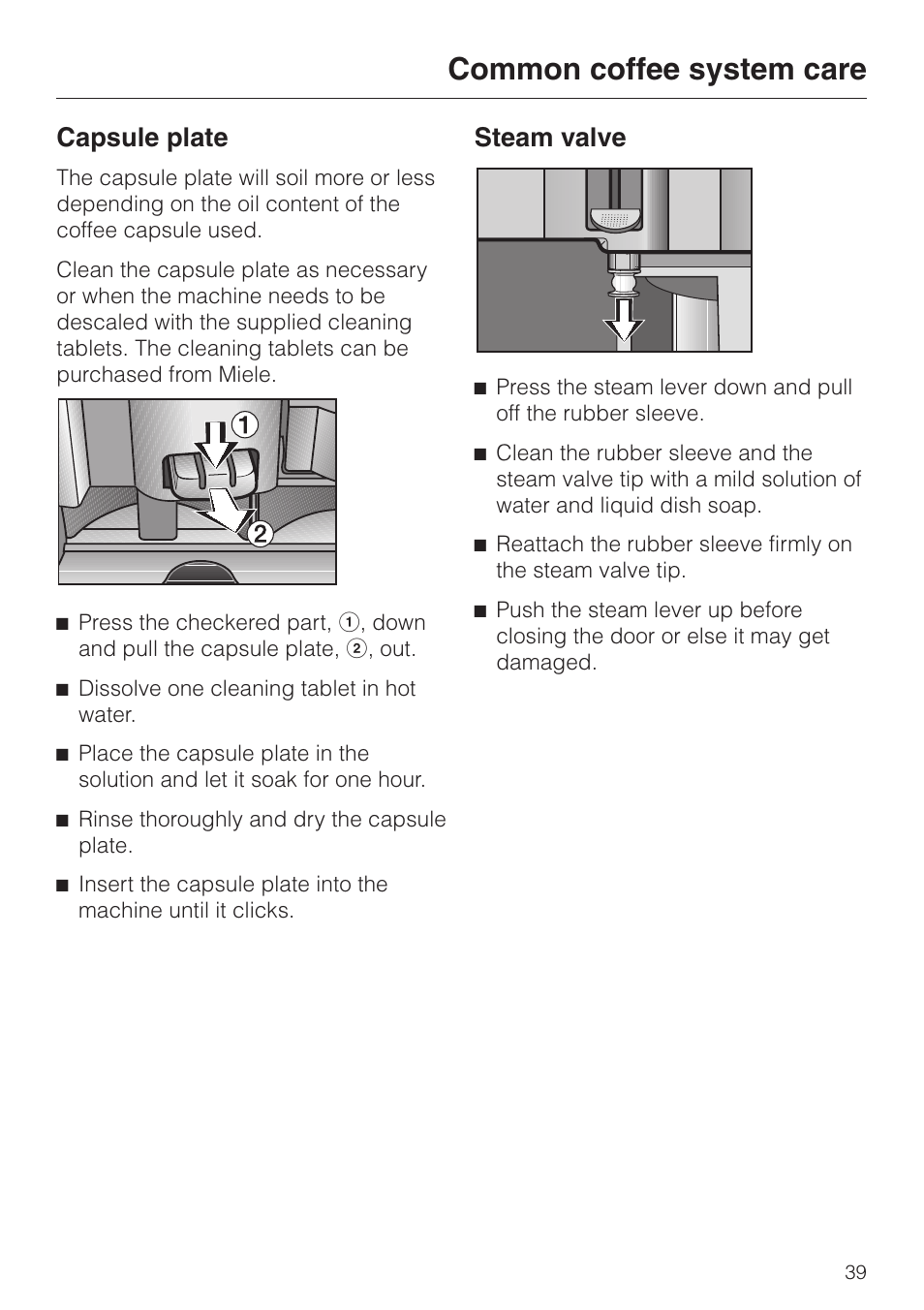 Common coffee system care, Capsule plate, Steam valve | Miele CVA 2650 User Manual | Page 39 / 68