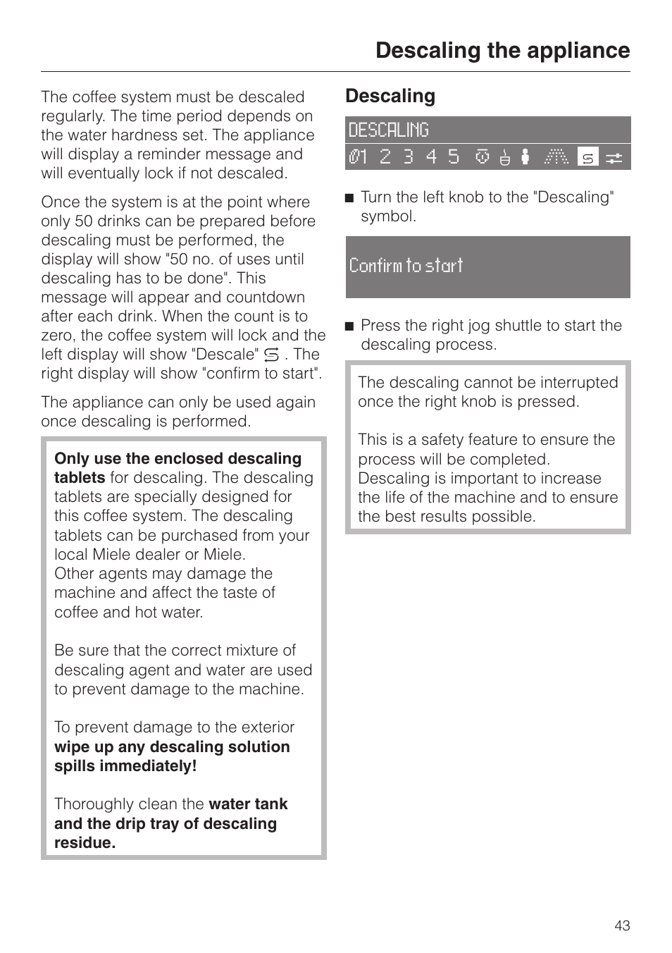 Descaling the appliance 43, Descaling the appliance, Descaling | Miele CVA 2650 User Manual | Page 43 / 68