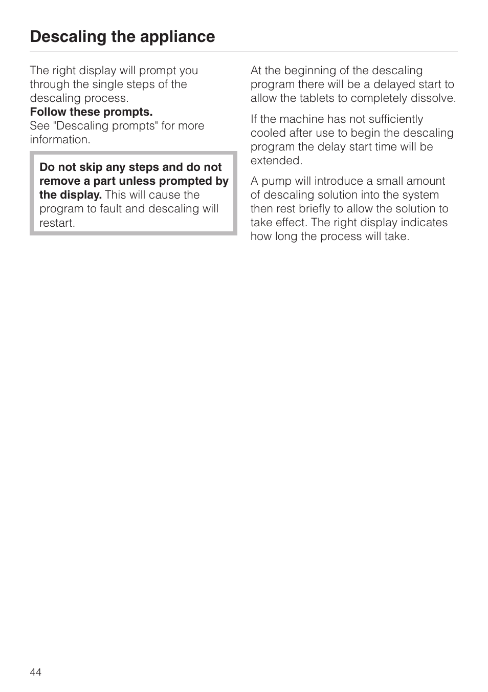 Descaling the appliance | Miele CVA 2650 User Manual | Page 44 / 68