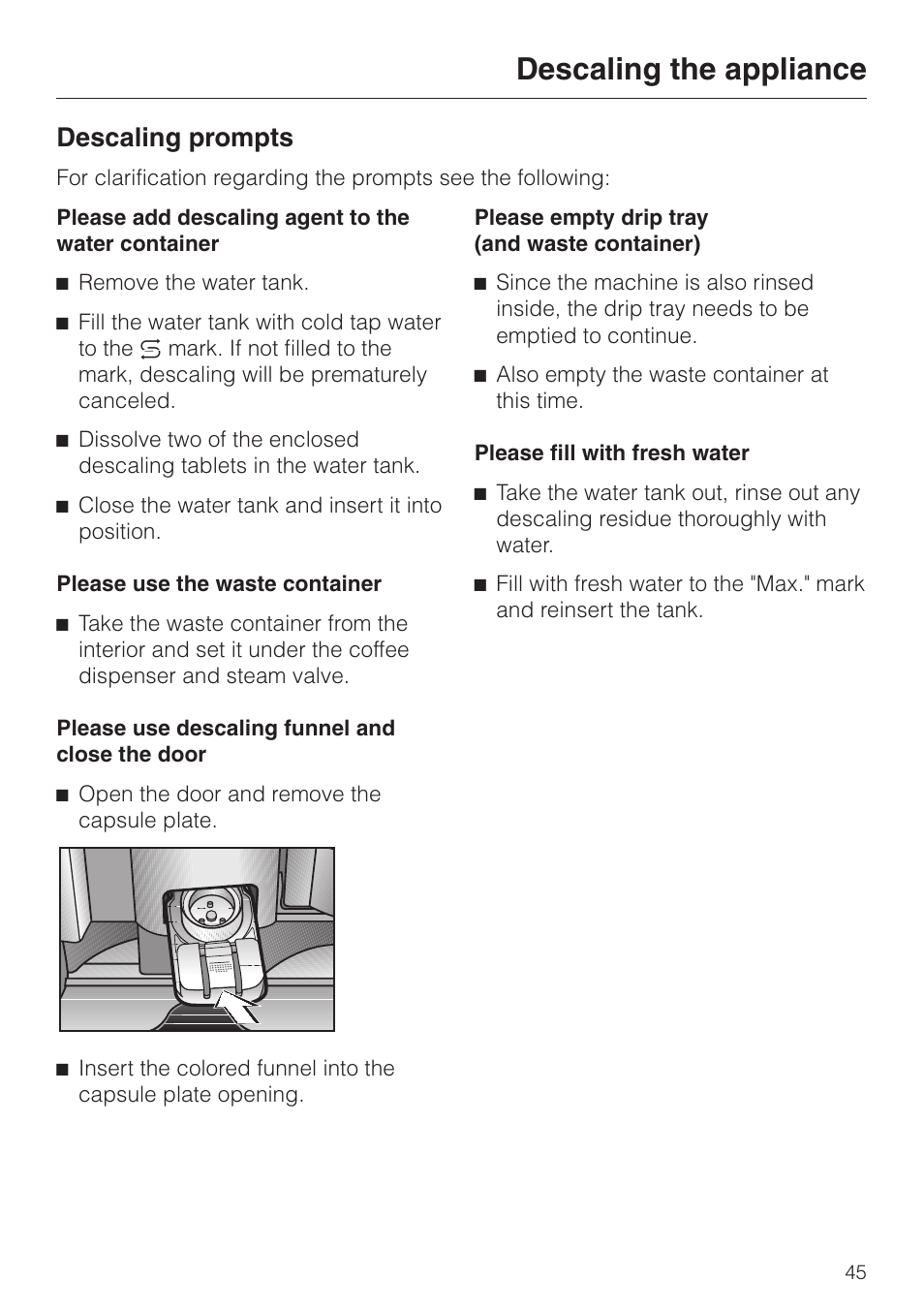 Descaling prompts 45, Descaling the appliance, Descaling prompts | Miele CVA 2650 User Manual | Page 45 / 68