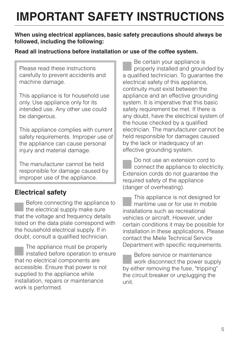 Important safety instructions 5, Important safety instructions, Electrical safety | Miele CVA 2650 User Manual | Page 5 / 68