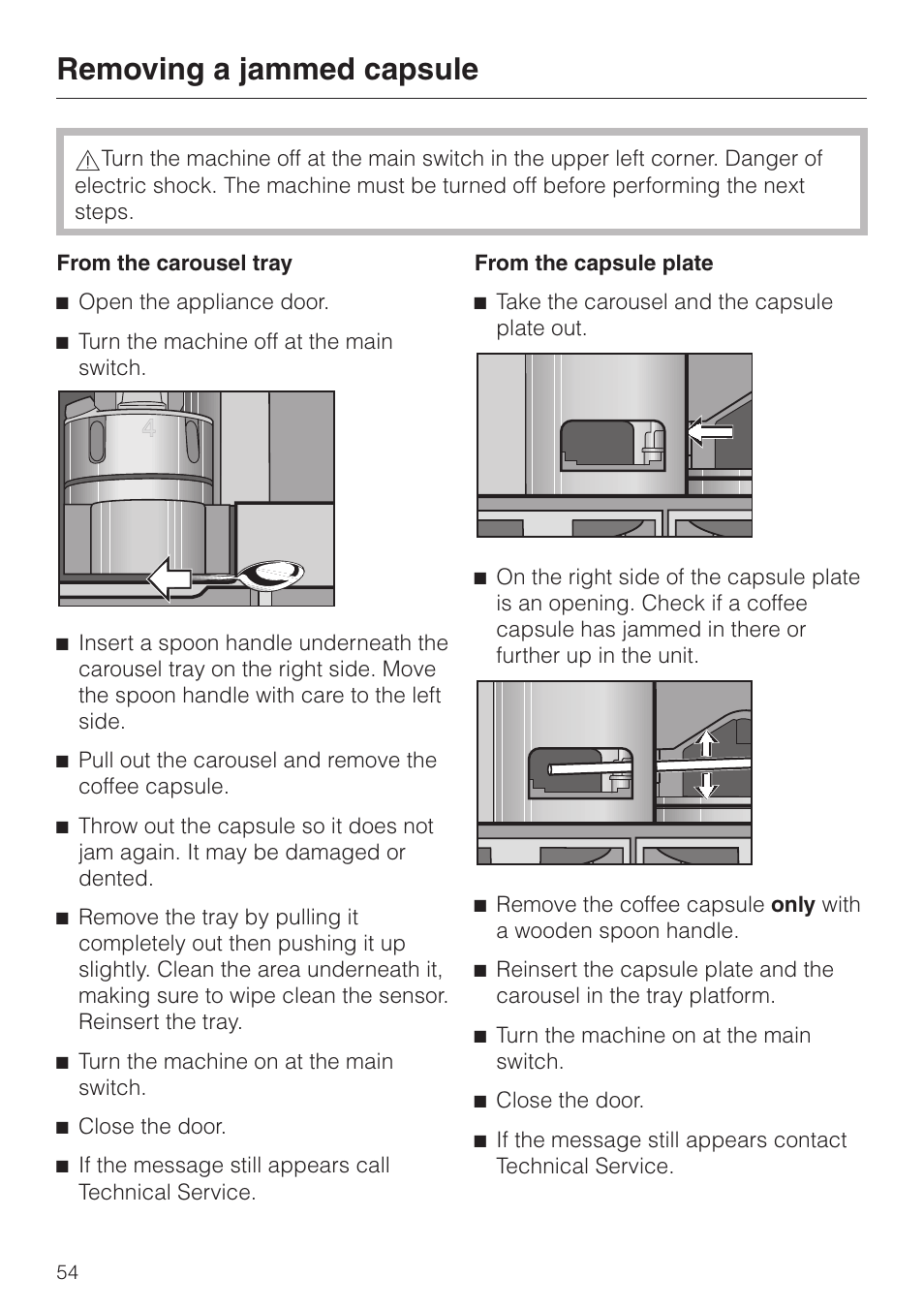 Removing a jammed capsule 54, Removing a jammed capsule | Miele CVA 2650 User Manual | Page 54 / 68