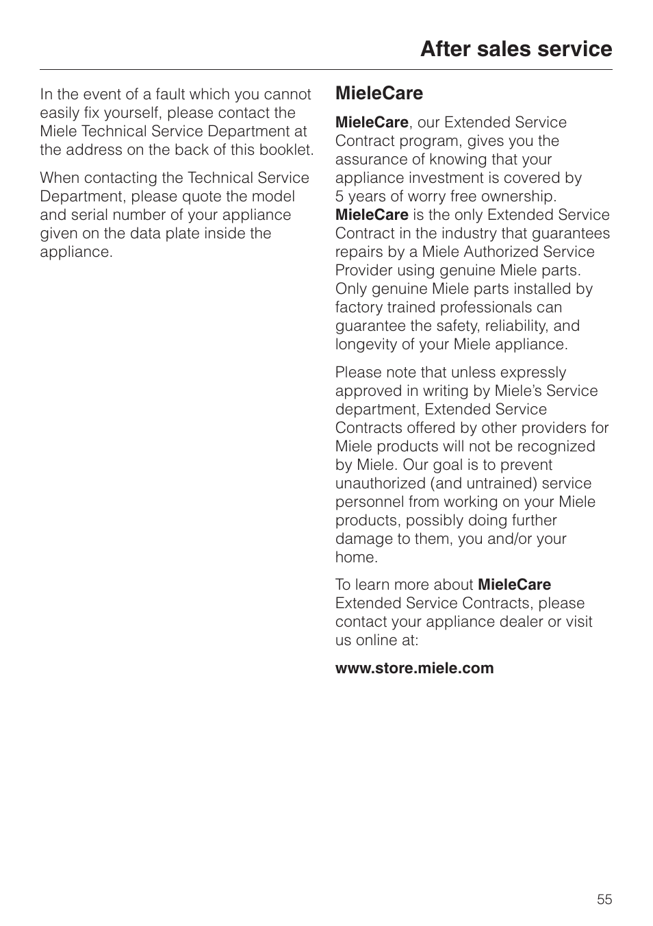 After sales service 55, After sales service, Mielecare | Miele CVA 2650 User Manual | Page 55 / 68