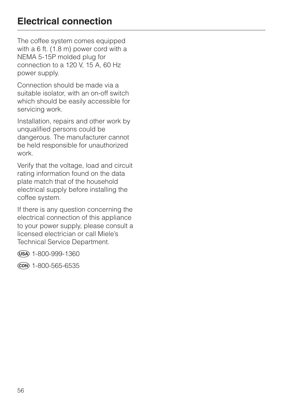 Electrical connection 56, Electrical connection | Miele CVA 2650 User Manual | Page 56 / 68