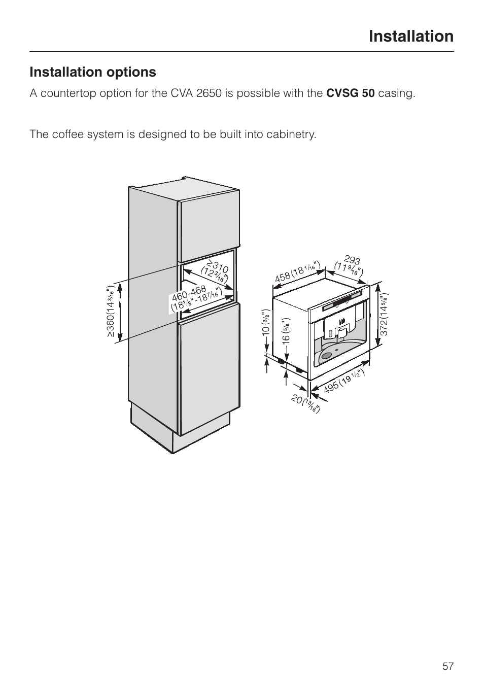 Installation 57, Installation options 57, Installation | Miele CVA 2650 User Manual | Page 57 / 68