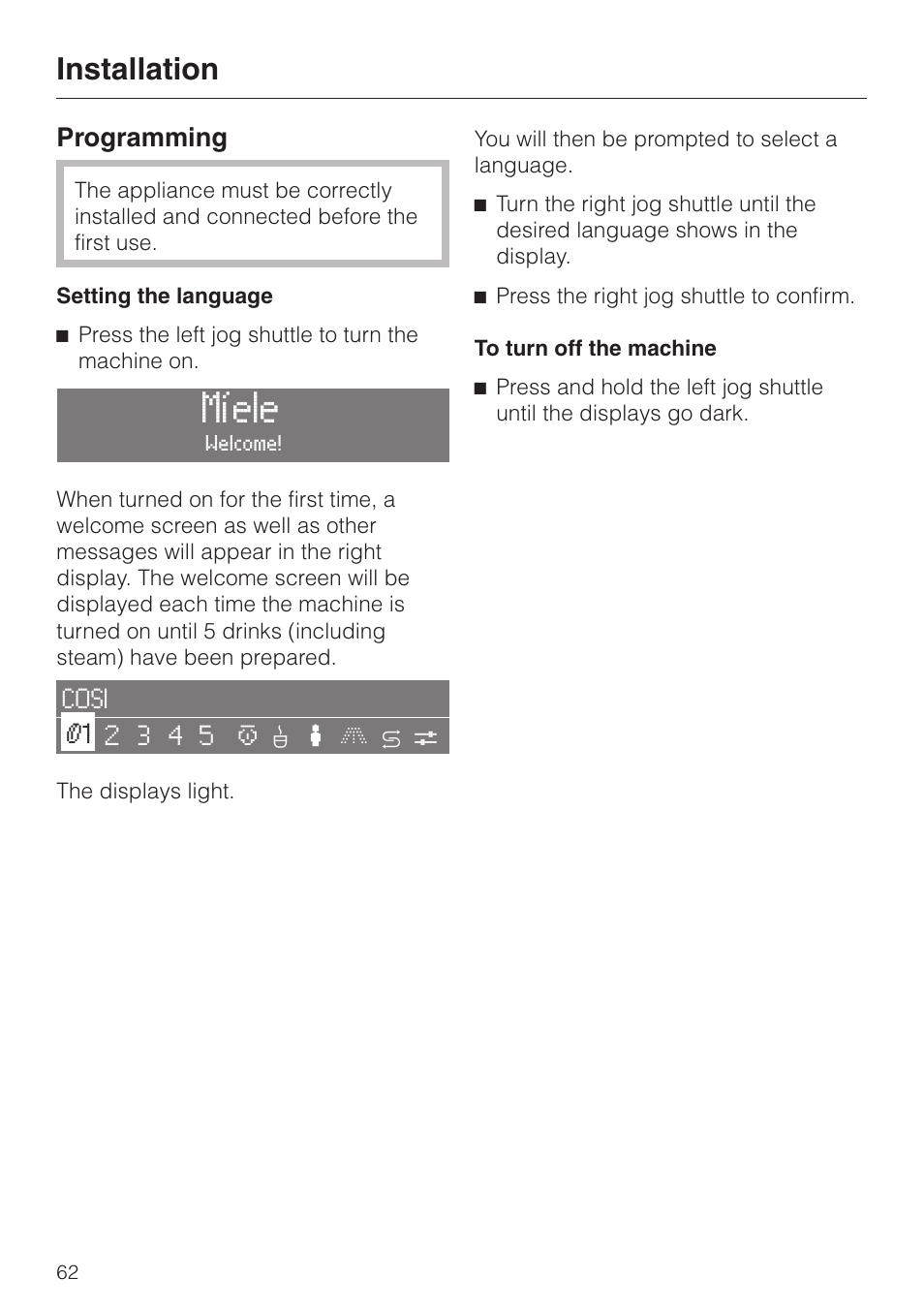 Programming 62, Setting the language 62, Míele | Installation, Programming | Miele CVA 2650 User Manual | Page 62 / 68