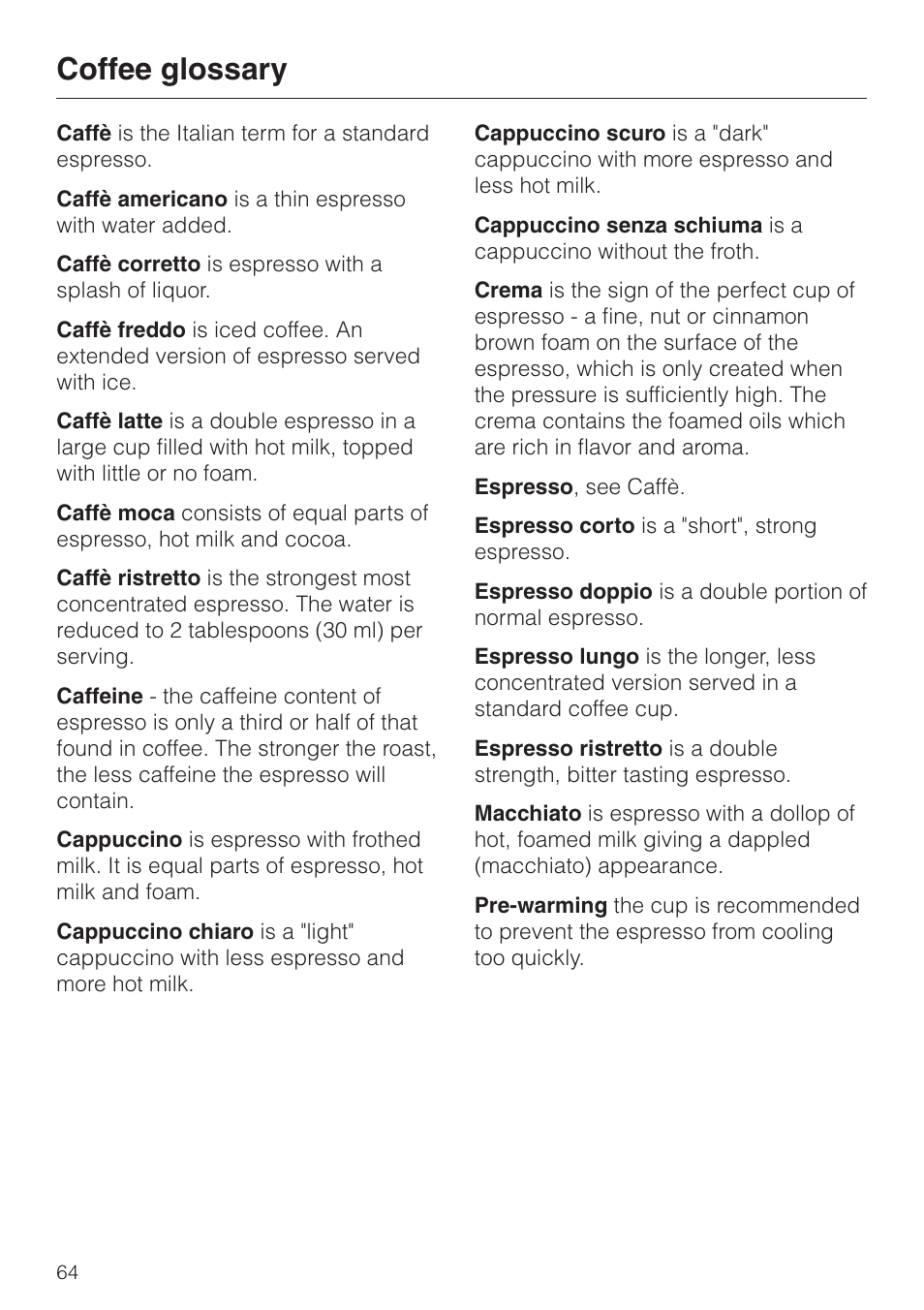 Coffee glossary 64, Coffee glossary | Miele CVA 2650 User Manual | Page 64 / 68