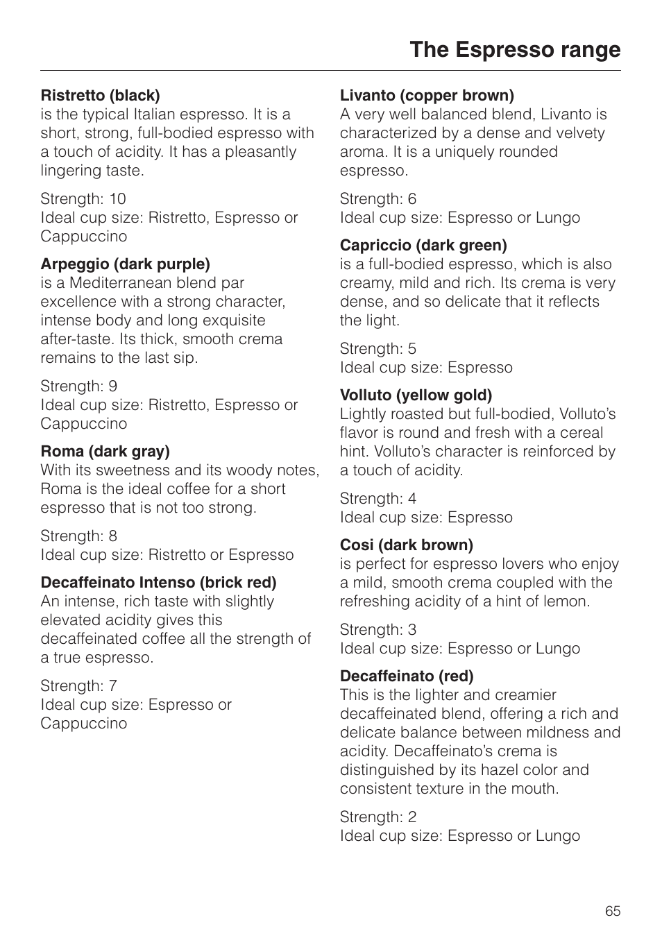 The espresso range 65, The espresso range | Miele CVA 2650 User Manual | Page 65 / 68