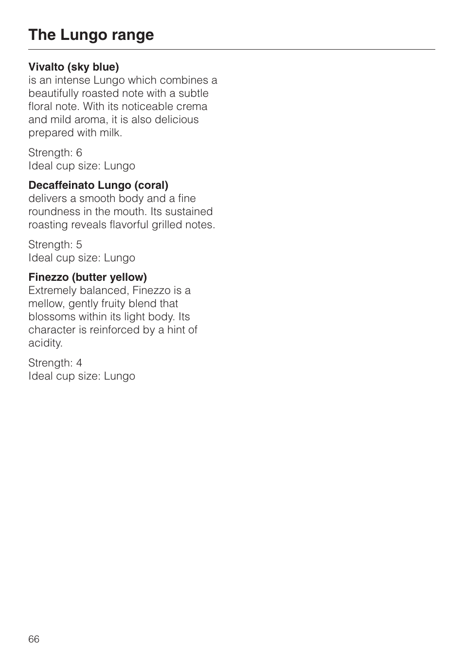 The lungo range 66, The lungo range | Miele CVA 2650 User Manual | Page 66 / 68