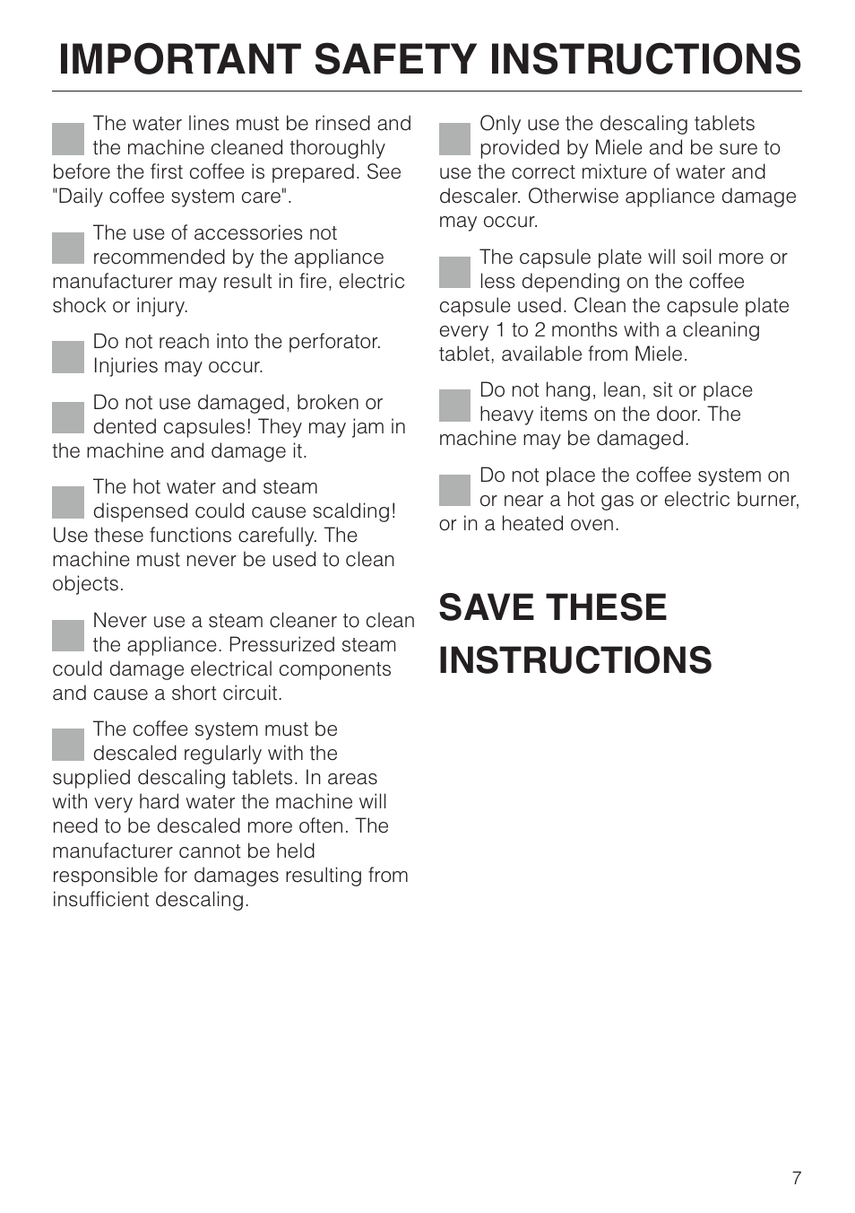 Important safety instructions, Save these instructions | Miele CVA 2650 User Manual | Page 7 / 68