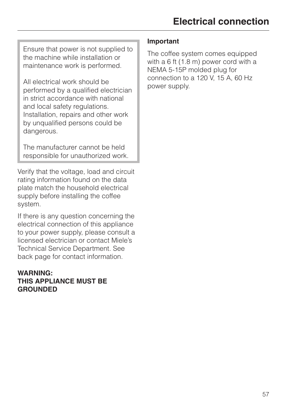 Electrical connection 57, Electrical connection | Miele CVA 4070 EN-CA User Manual | Page 2 / 6