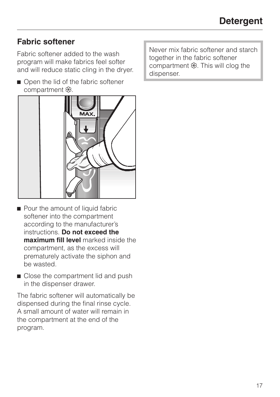 Fabric softener 17, Fabric softener, Detergent | Miele W 1113 User Manual | Page 17 / 56