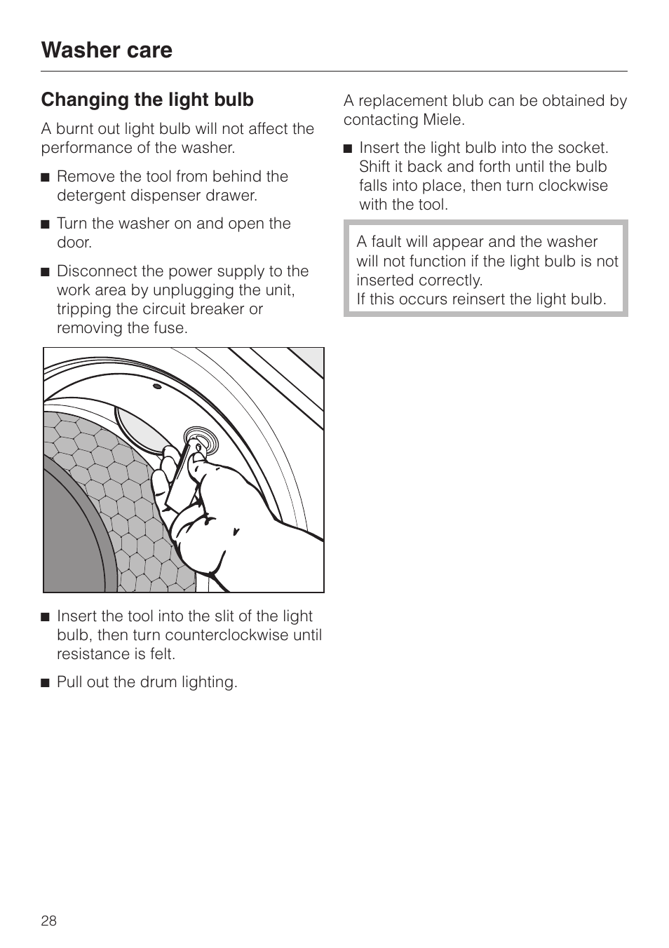 Changing the light bulb 28, Changing the light bulb, Washer care | Miele W 1113 User Manual | Page 32 / 56