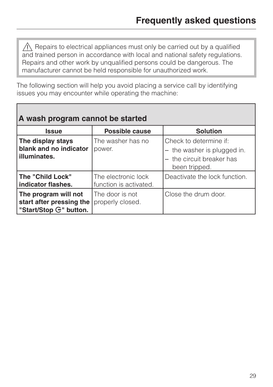 Frequently asked questions 29, A wash program cannot be started 29, Frequently asked questions | A wash program cannot be started | Miele W 1113 User Manual | Page 33 / 56