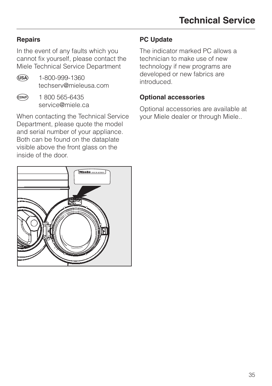 Technical service 35, Repairs 35, Pc update 35 | Optional accessories 35, Technical service, Repairs pc update optional accessories | Miele W 1113 User Manual | Page 39 / 56