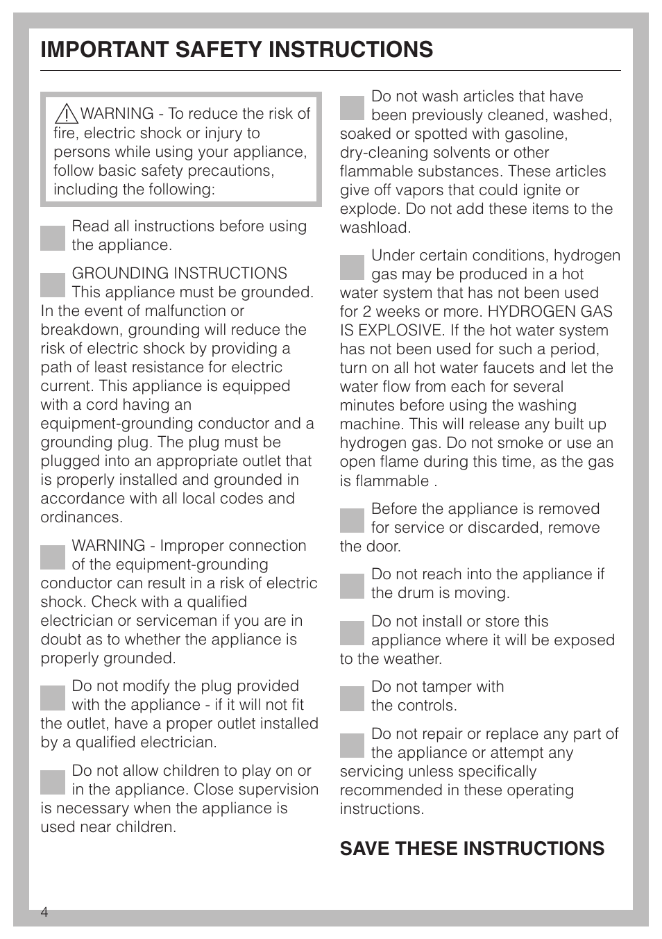 Important safety instructions 4, Important safety instructions, Save these instructions | Miele W 1113 User Manual | Page 4 / 56