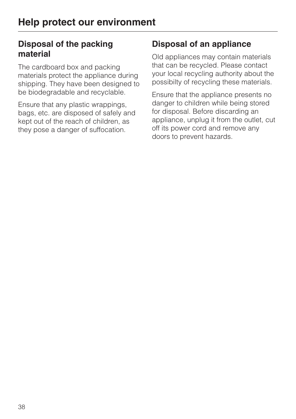Help protect our environment 38, Help protect our environment | Miele W 1113 User Manual | Page 42 / 56