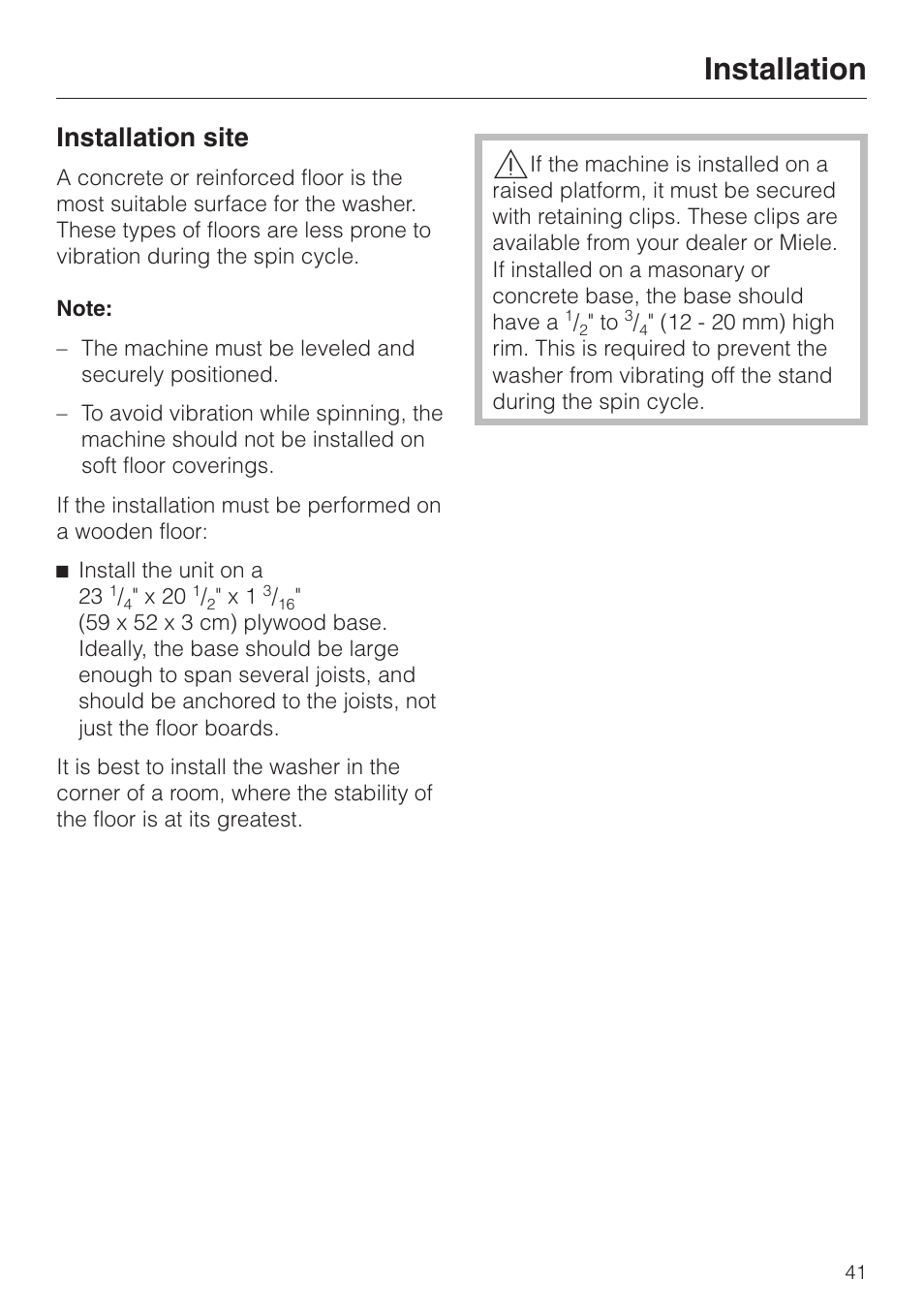 Installation site 41, Installation site, Installation | Miele W 1113 User Manual | Page 45 / 56