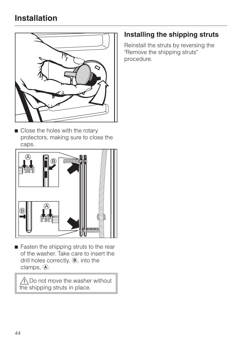 Installing the shipping struts 44, Installing the shipping struts, Installation | Miele W 1113 User Manual | Page 48 / 56