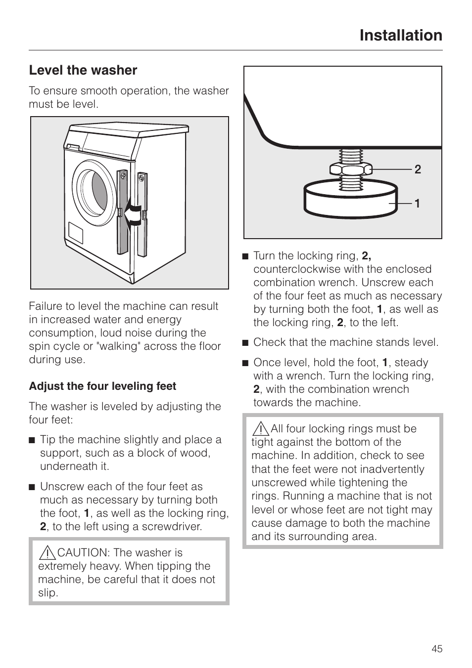 Level the washer 45, Level the washer, Installation | Miele W 1113 User Manual | Page 49 / 56