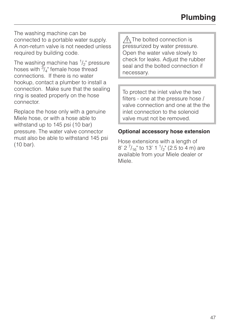 Plumbing 47, Plumbing | Miele W 1113 User Manual | Page 51 / 56