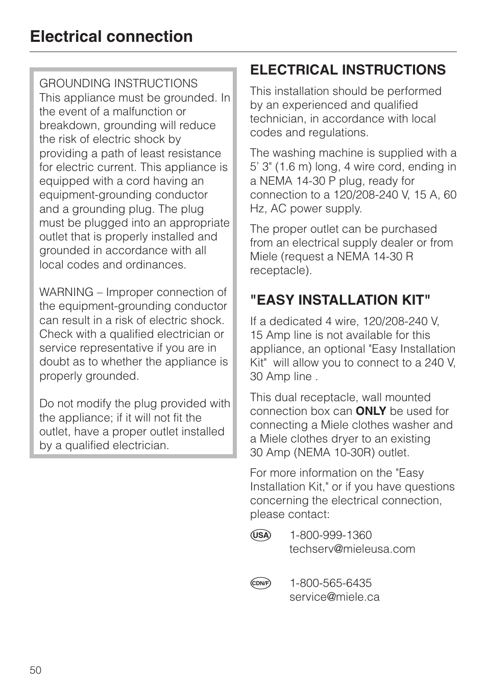 Electrical connection 50, Electrical connection, Electrical instructions | Easy installation kit | Miele W 1113 User Manual | Page 54 / 56