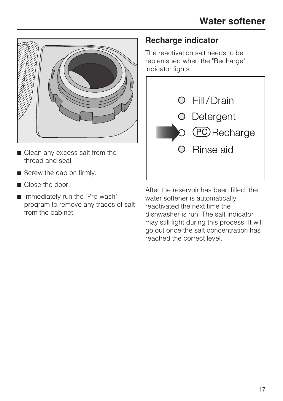 Recharge indicator 17, Water softener, Recharge indicator | Miele PROFESSIONAL PG 8050I User Manual | Page 17 / 76