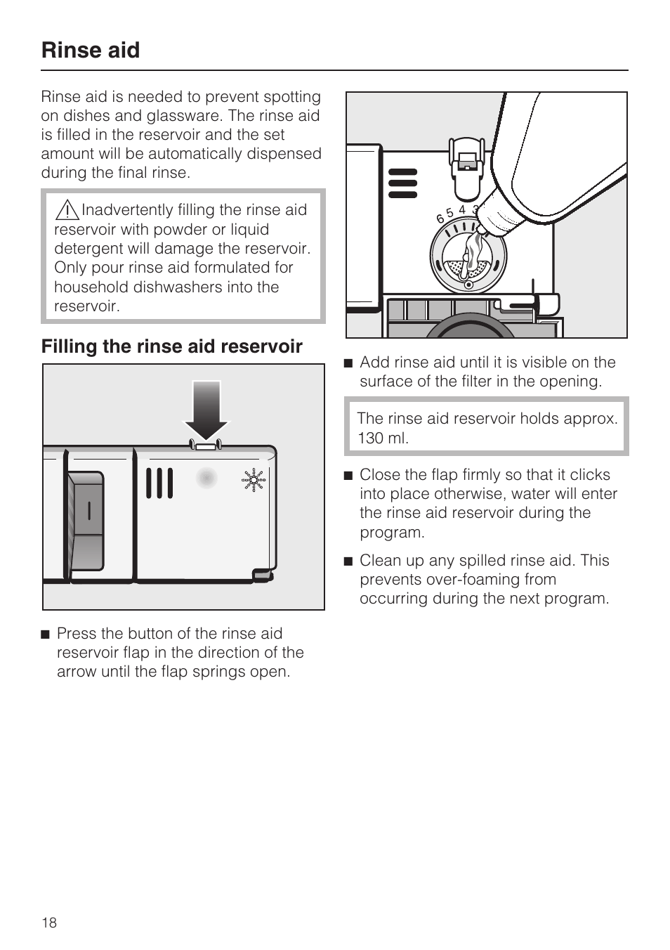 Rinse aid 18, Filling the rinse aid reservoir 18, Rinse aid | Filling the rinse aid reservoir | Miele PROFESSIONAL PG 8050I User Manual | Page 18 / 76