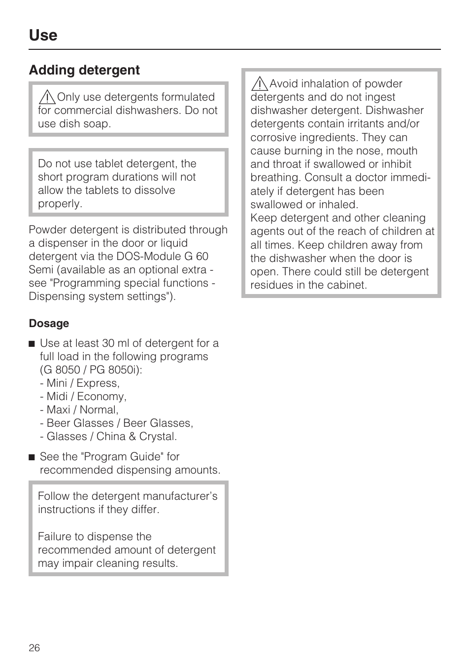 Adding detergent 26 | Miele PROFESSIONAL PG 8050I User Manual | Page 26 / 76