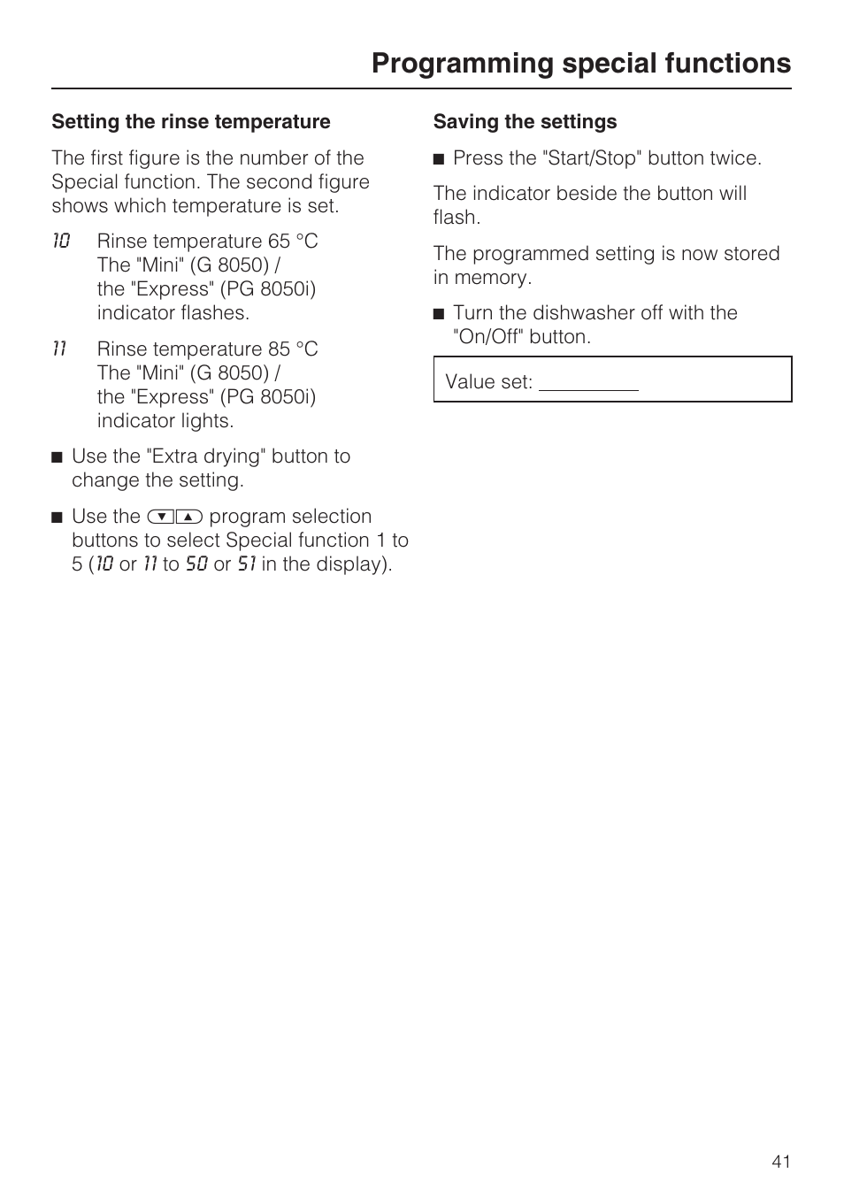 Programming special functions | Miele PROFESSIONAL PG 8050I User Manual | Page 41 / 76