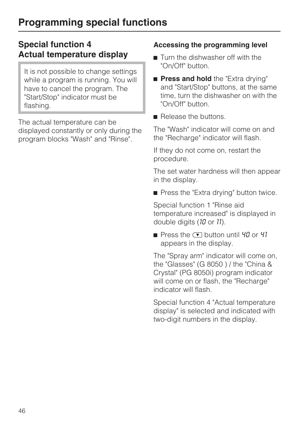 Special function 4 actual temperature display 46, Programming special functions, Special function 4 actual temperature display | Miele PROFESSIONAL PG 8050I User Manual | Page 46 / 76