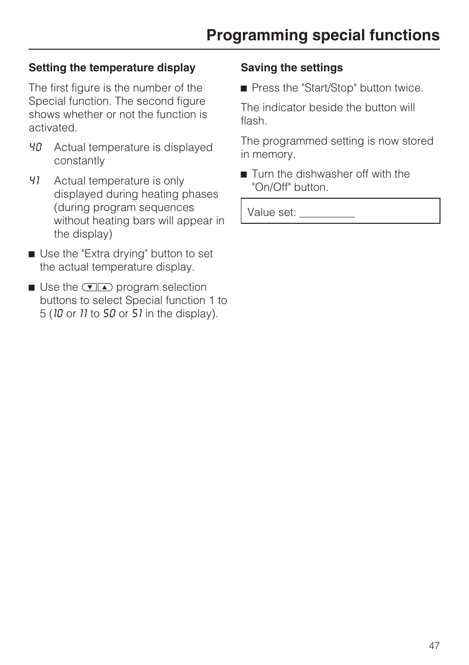 Programming special functions | Miele PROFESSIONAL PG 8050I User Manual | Page 47 / 76