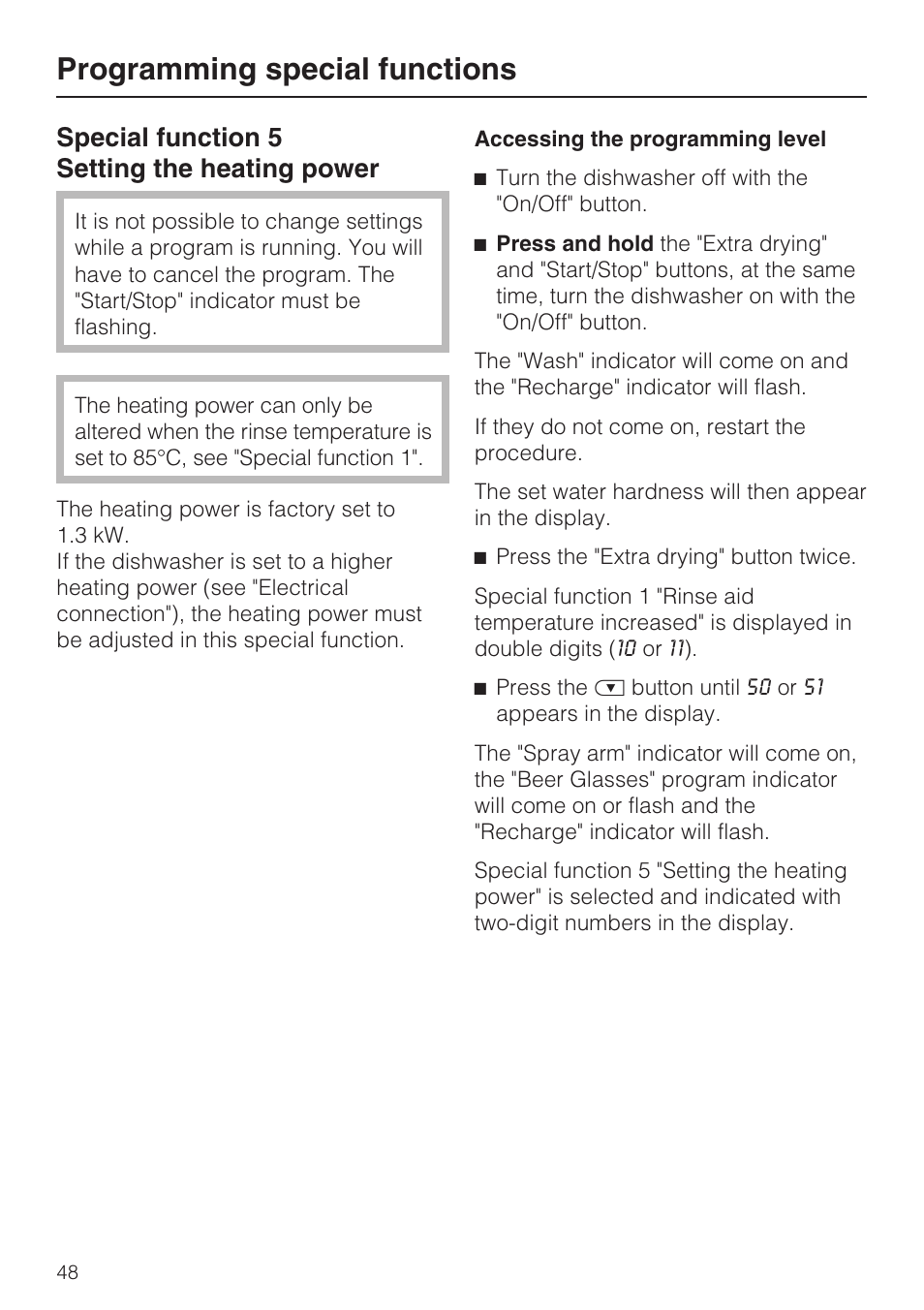 Special function 5 setting the heating power 48, Programming special functions, Special function 5 setting the heating power | Miele PROFESSIONAL PG 8050I User Manual | Page 48 / 76