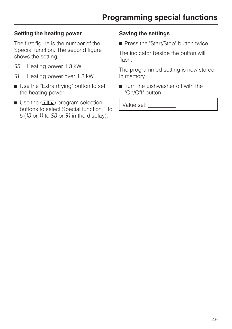 Programming special functions | Miele PROFESSIONAL PG 8050I User Manual | Page 49 / 76