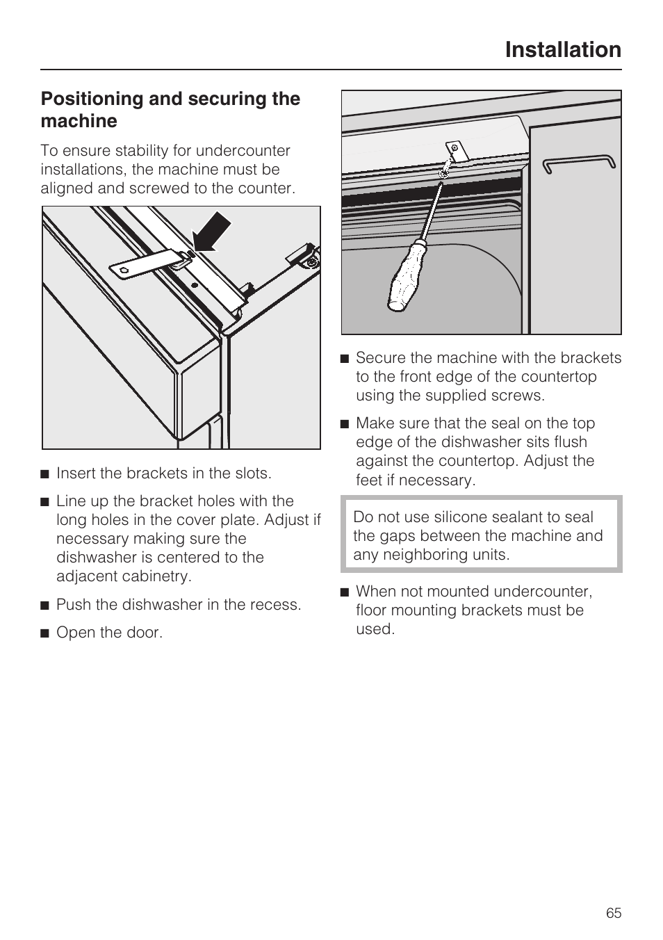 Installation, Positioning and securing the machine | Miele PROFESSIONAL PG 8050I User Manual | Page 65 / 76