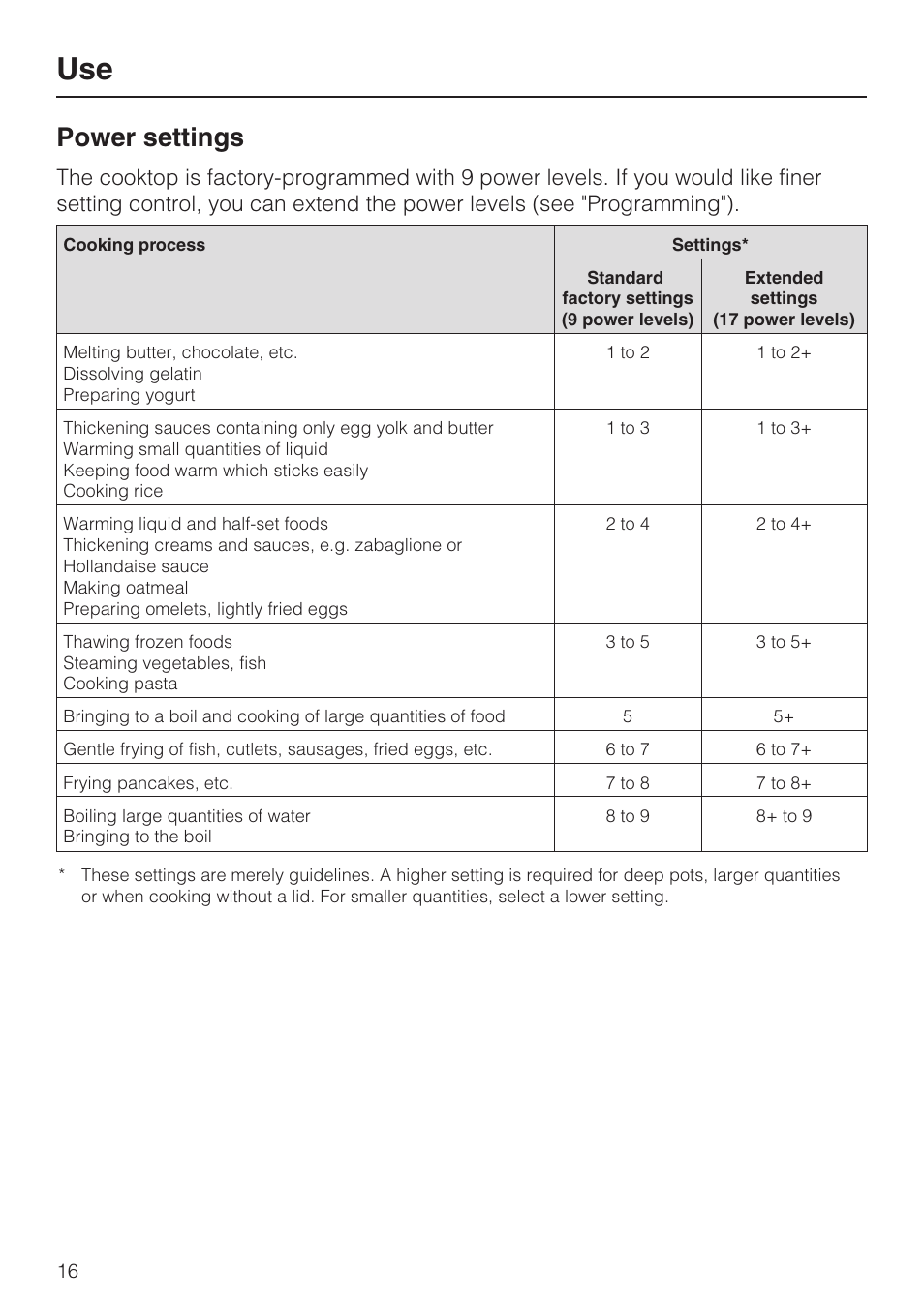 Power settings 16, Power settings | Miele KM 5880 User Manual | Page 16 / 56