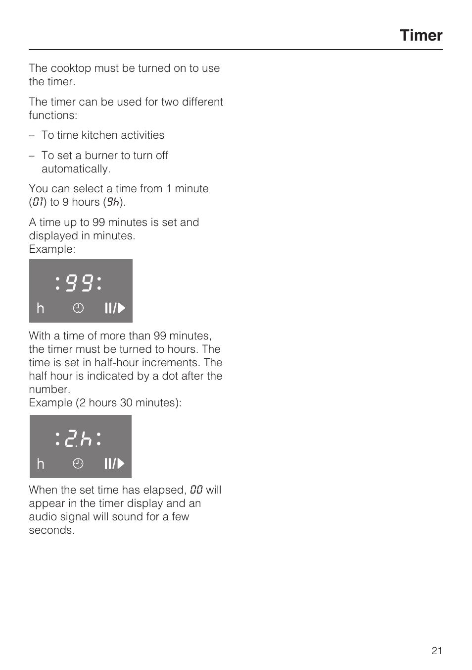 Timer 21, Timer | Miele KM 5880 User Manual | Page 21 / 56