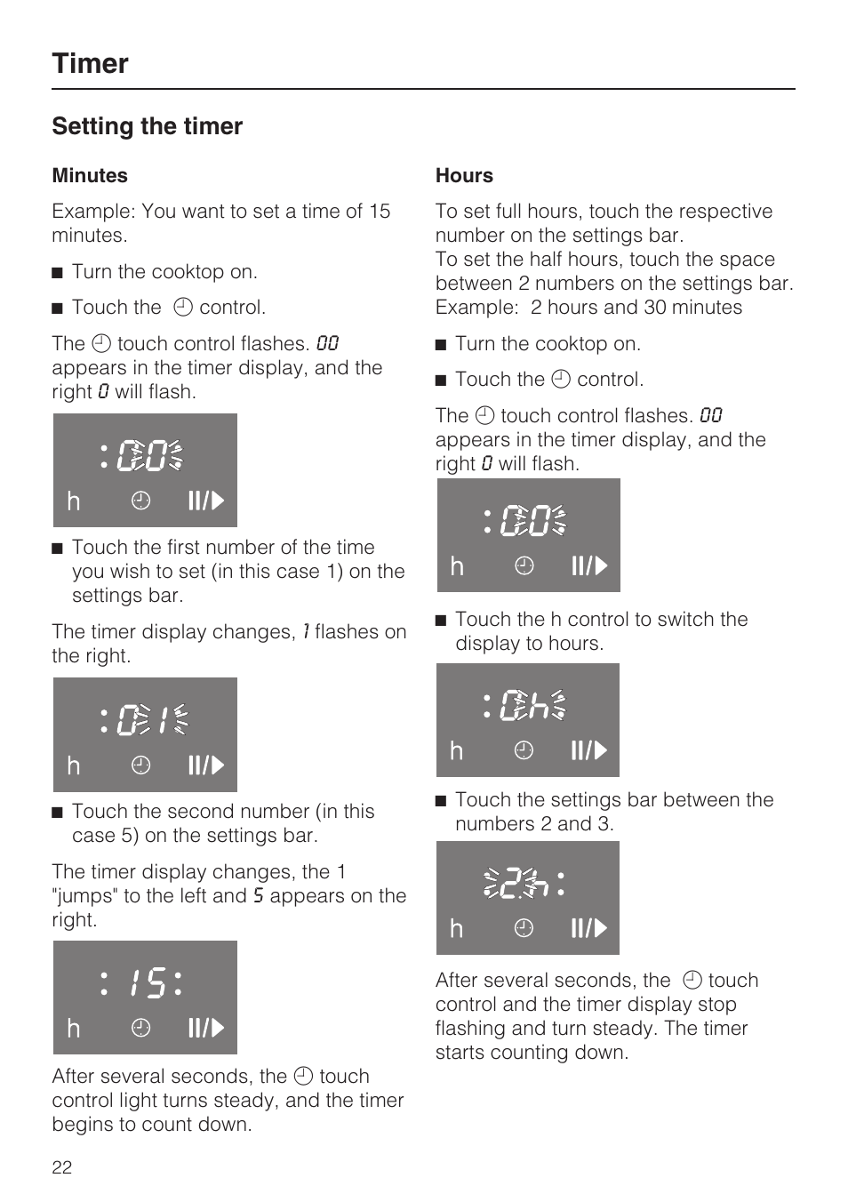 Setting the timer 22, Timer, Setting the timer | Miele KM 5880 User Manual | Page 22 / 56