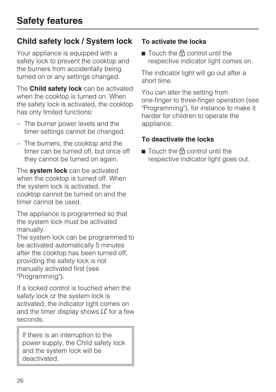 Safety features 26, Child safety lock / system lock 26, Safety features | Child safety lock / system lock | Miele KM 5880 User Manual | Page 26 / 56