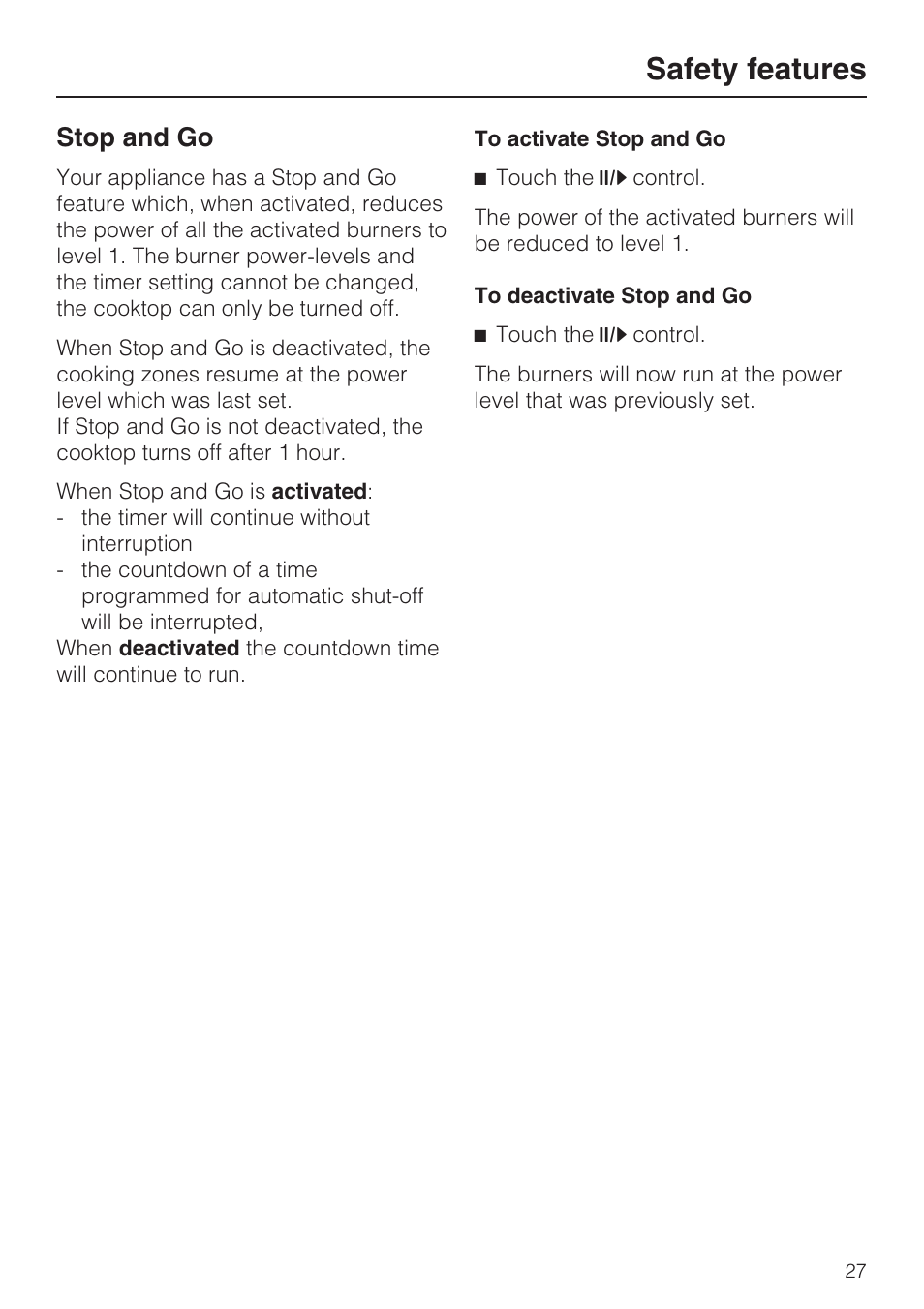 Stop and go 27, Safety features, Stop and go | Miele KM 5880 User Manual | Page 27 / 56